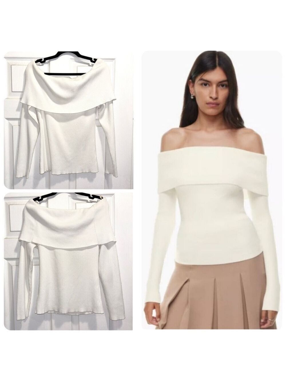 Aritzia Wilfred Croquis Sweater Off The Shoulder White Long Sleeve Top Sz Large